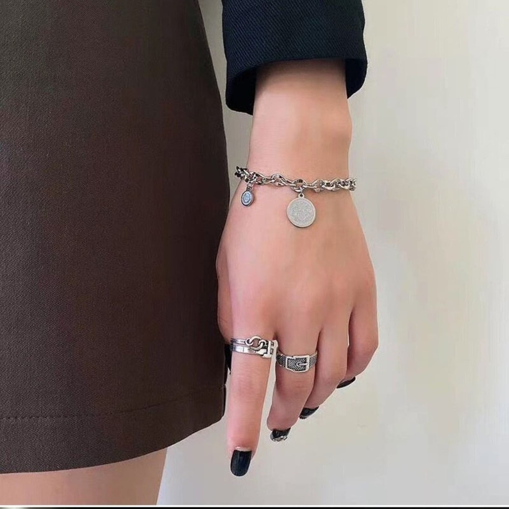 Stainless Steel Silver Chain Coin Medallion Bracelet